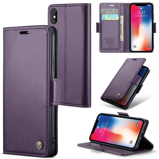 Caseme RFID Blocking Leather Case for iPhone XS , Litchi Texture Stand Wallet Phone Cover - Purple