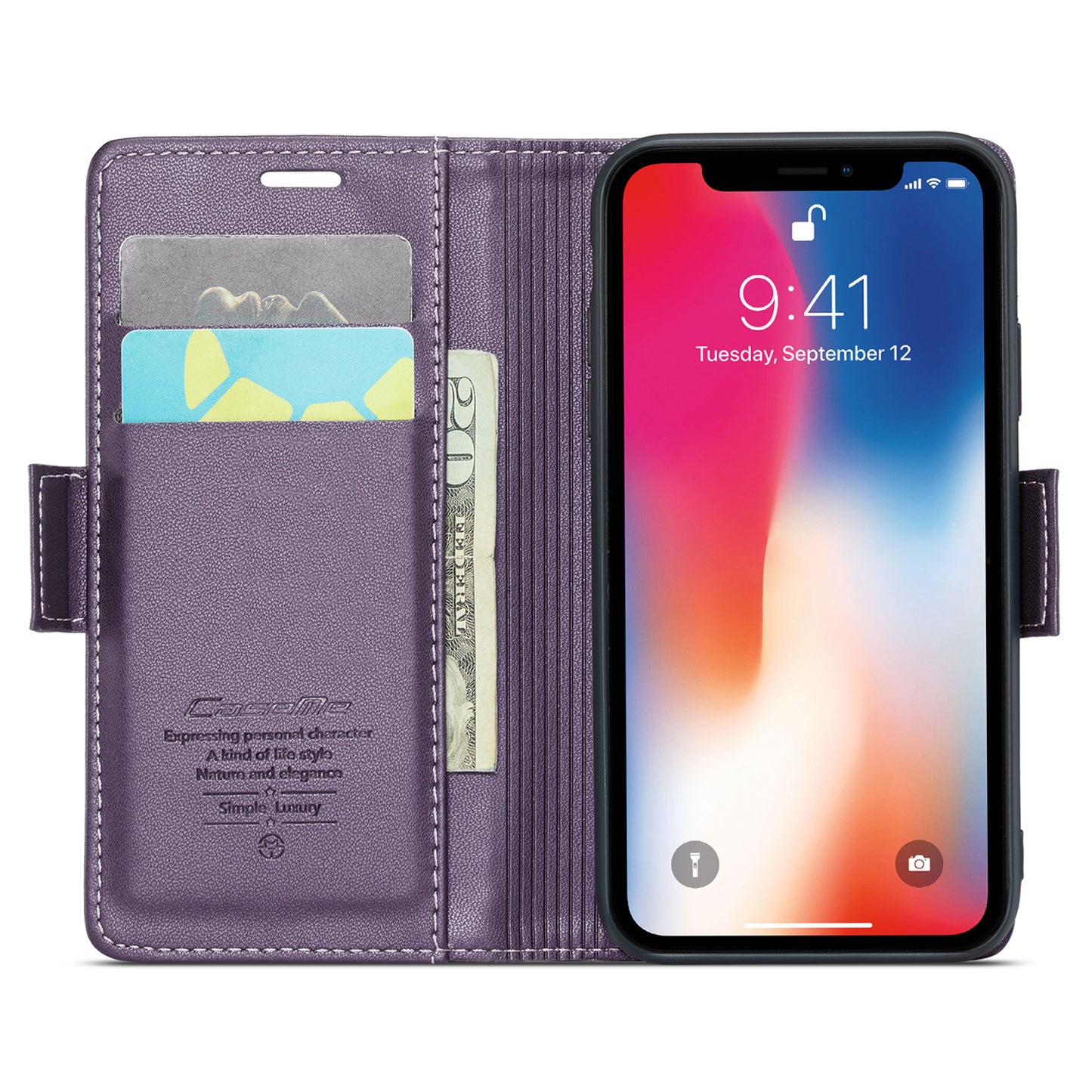 Caseme RFID Blocking Leather Case for iPhone XS , Litchi Texture Stand Wallet Phone Cover - Purple