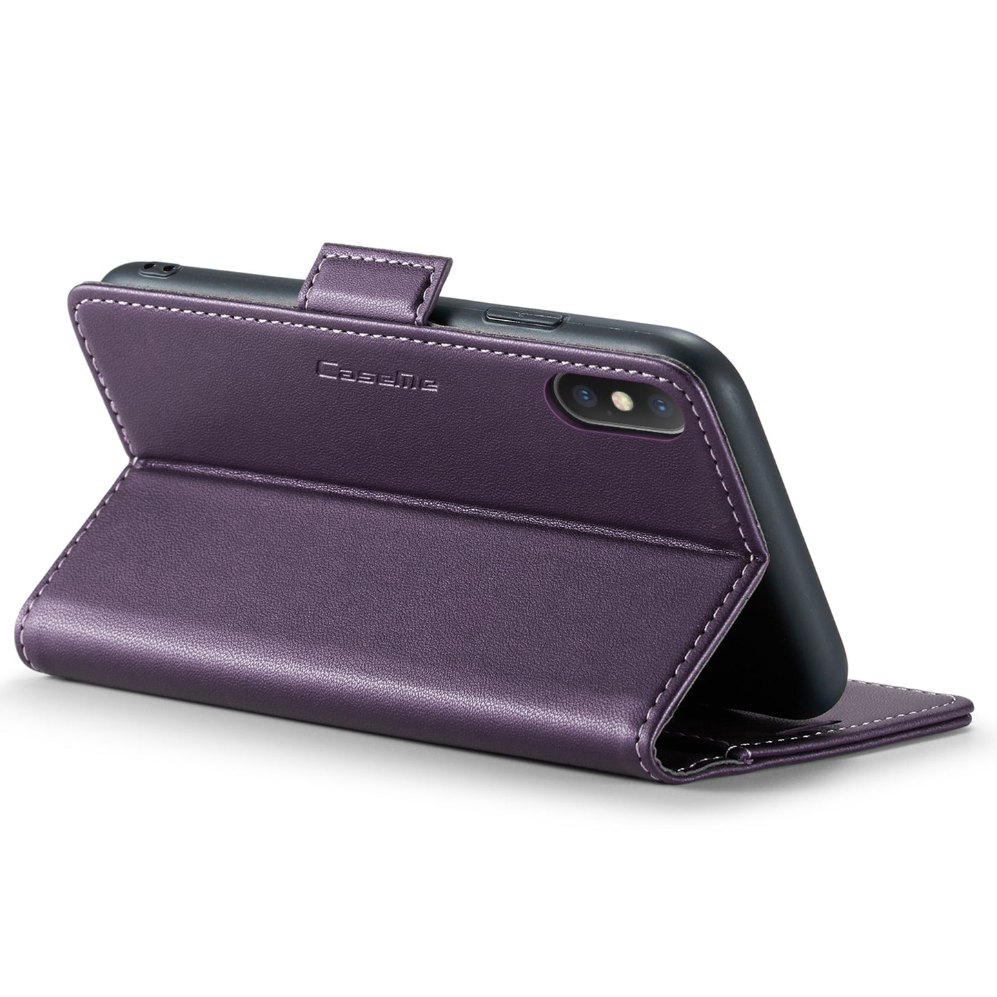 Caseme RFID Blocking Leather Case for iPhone XS , Litchi Texture Stand Wallet Phone Cover - Purple