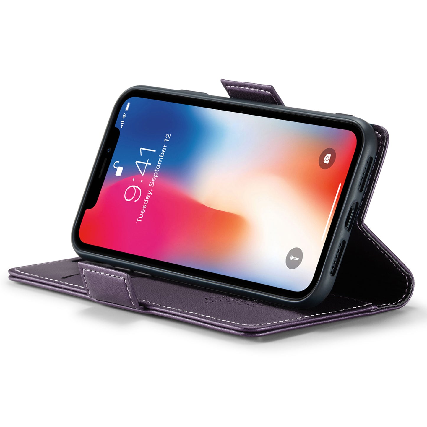 Caseme RFID Blocking Leather Case for iPhone XS , Litchi Texture Stand Wallet Phone Cover - Purple