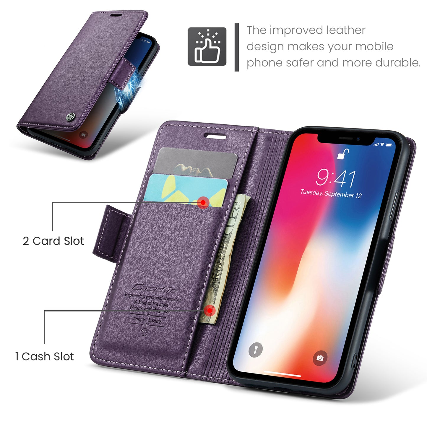Caseme RFID Blocking Leather Case for iPhone XS , Litchi Texture Stand Wallet Phone Cover - Purple