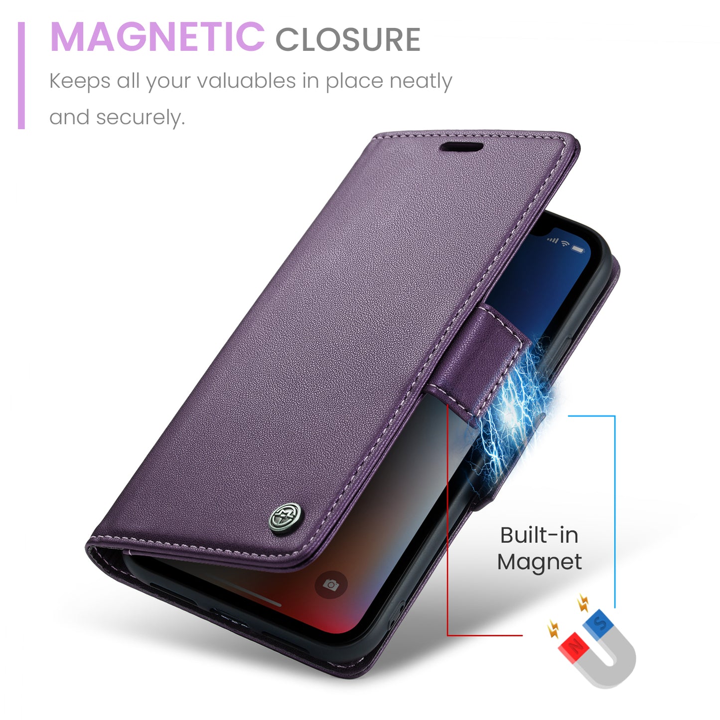 Caseme RFID Blocking Leather Case for iPhone XS , Litchi Texture Stand Wallet Phone Cover - Purple