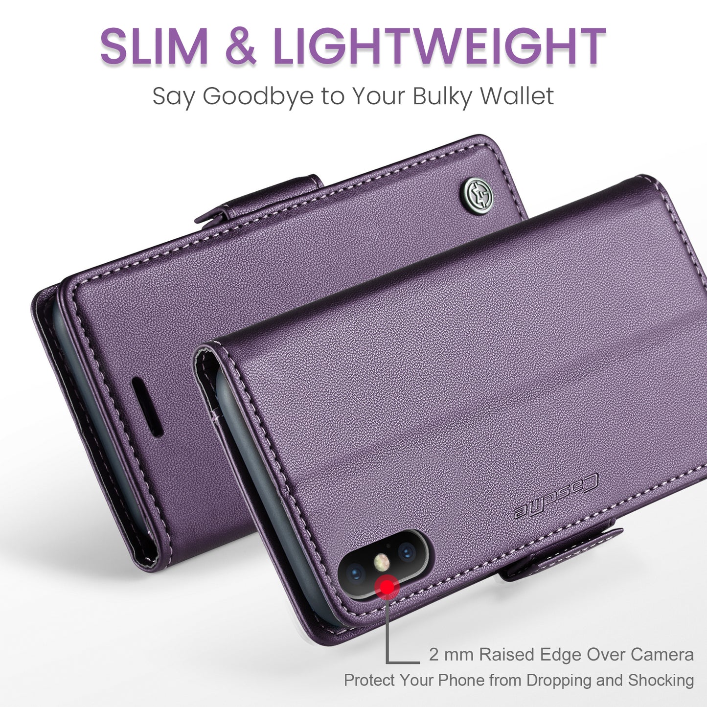 Caseme RFID Blocking Leather Case for iPhone XS , Litchi Texture Stand Wallet Phone Cover - Purple