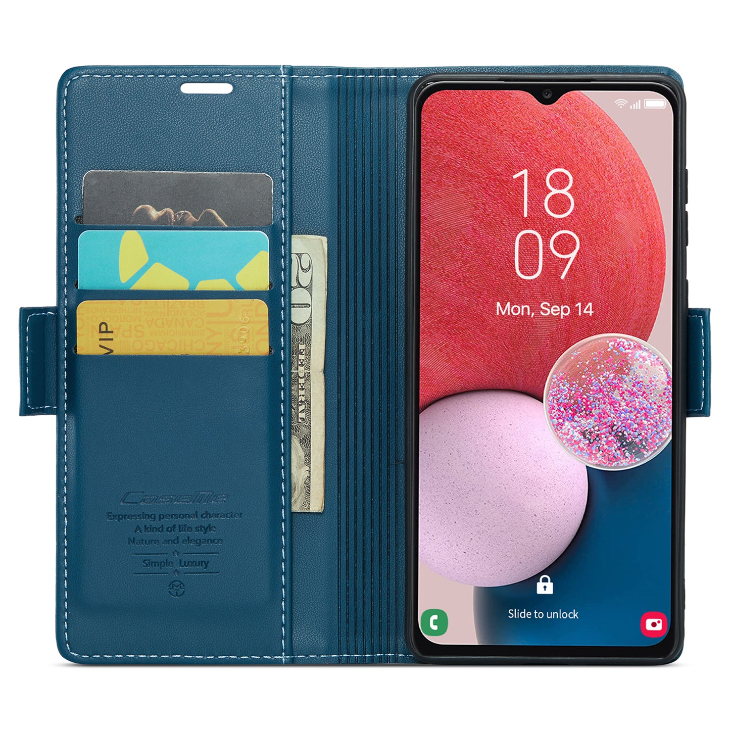 Caseme 023 Series For Samsung Galaxy A13 4G / 5G / A04s 4G / A04 4G / M13 5G Wallet Case RFID Blocking Leather Stand Phone Cover - Blue