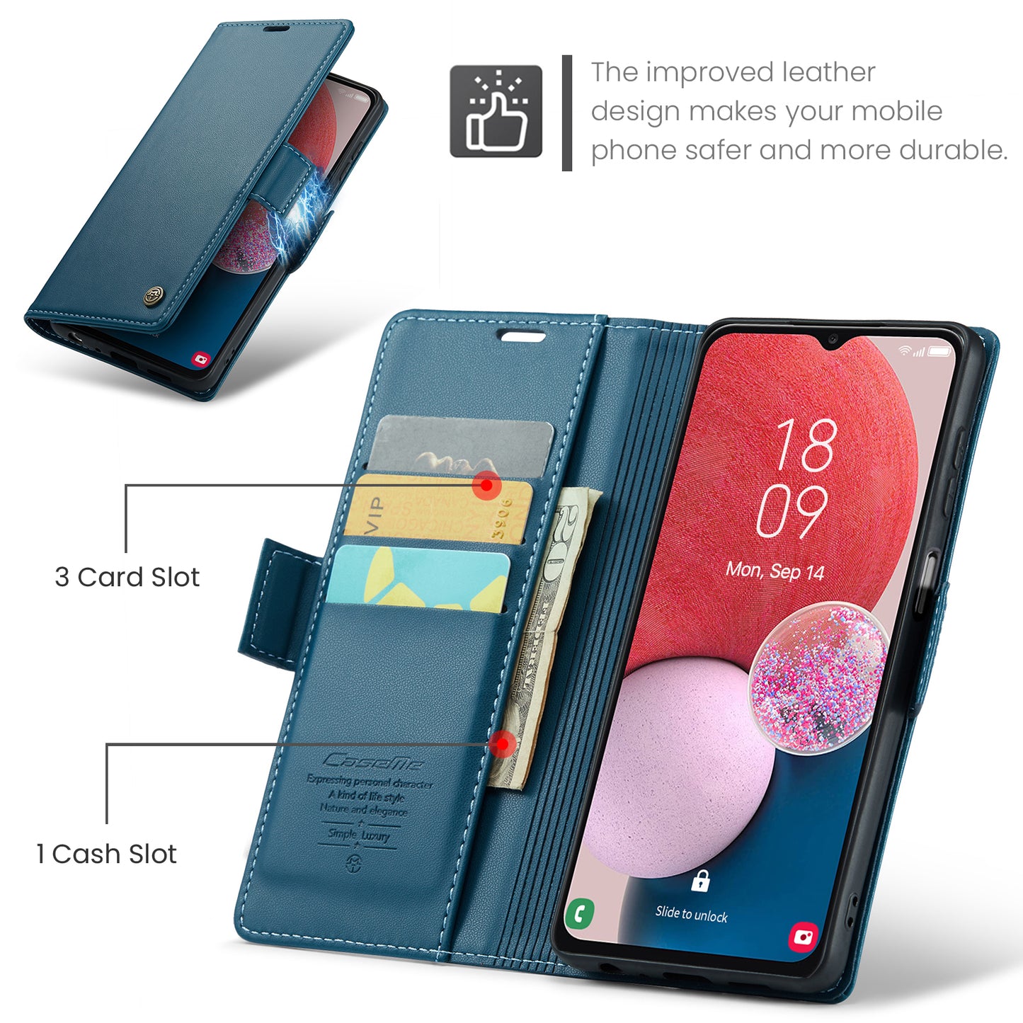 Caseme 023 Series For Samsung Galaxy A13 4G / 5G / A04s 4G / A04 4G / M13 5G Wallet Case RFID Blocking Leather Stand Phone Cover - Blue