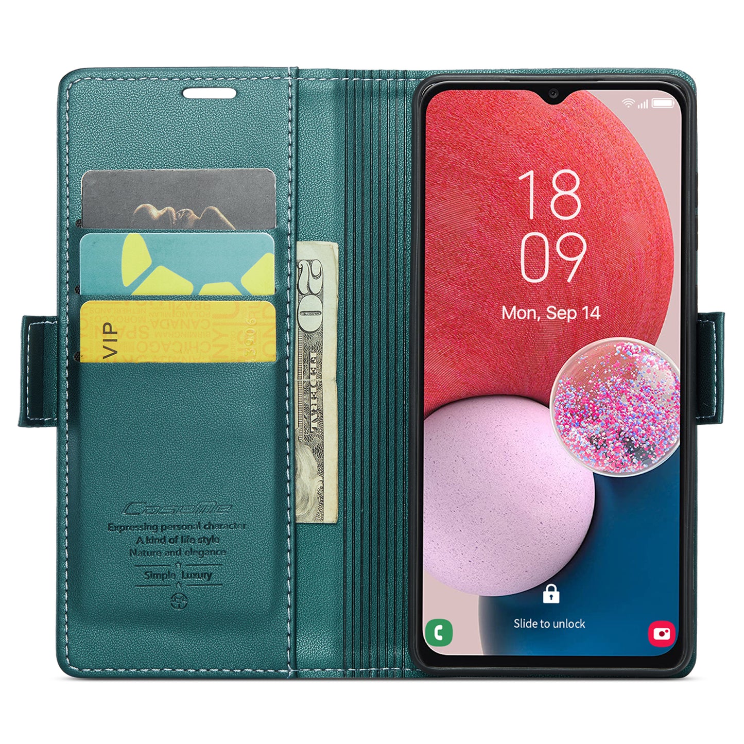 Caseme 023 Series For Samsung Galaxy A13 4G / 5G / A04s 4G / A04 4G / M13 5G Wallet Case RFID Blocking Leather Stand Phone Cover - Green
