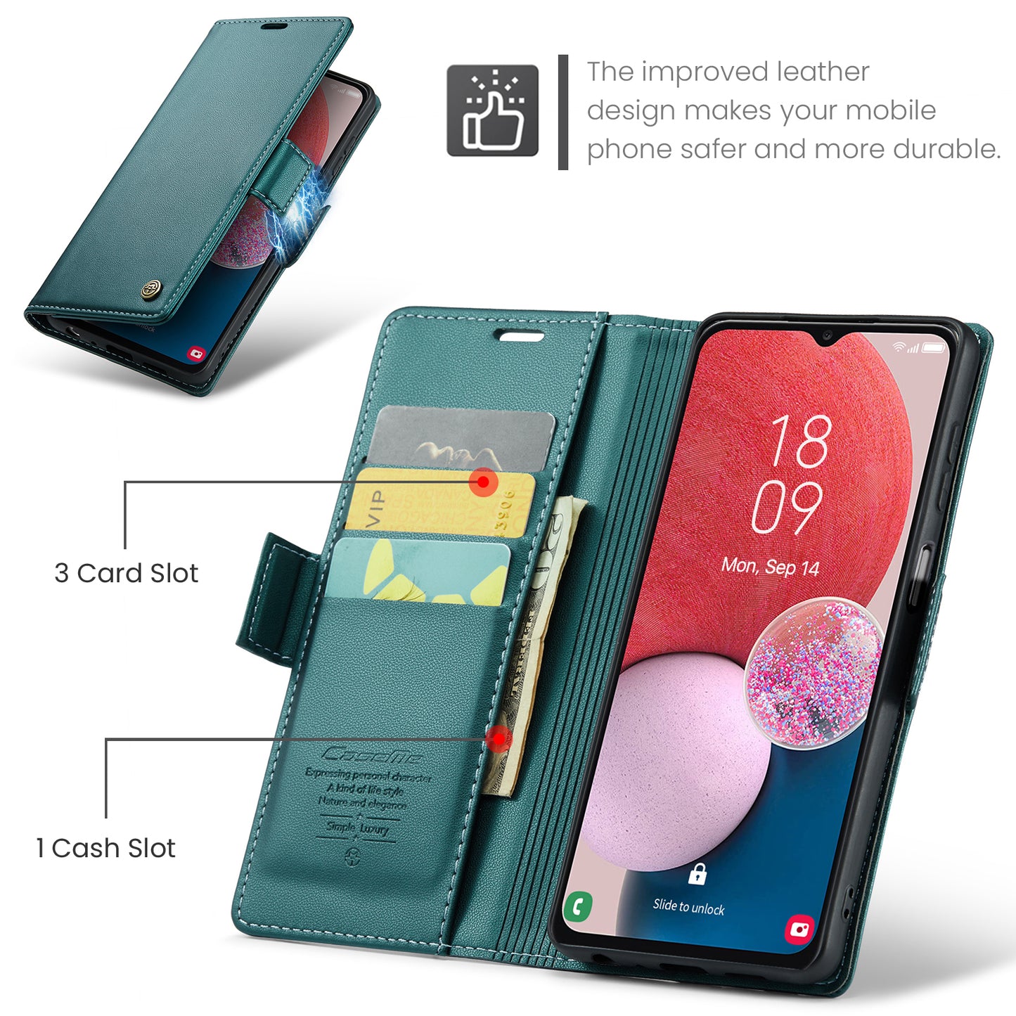 Caseme 023 Series For Samsung Galaxy A13 4G / 5G / A04s 4G / A04 4G / M13 5G Wallet Case RFID Blocking Leather Stand Phone Cover - Green
