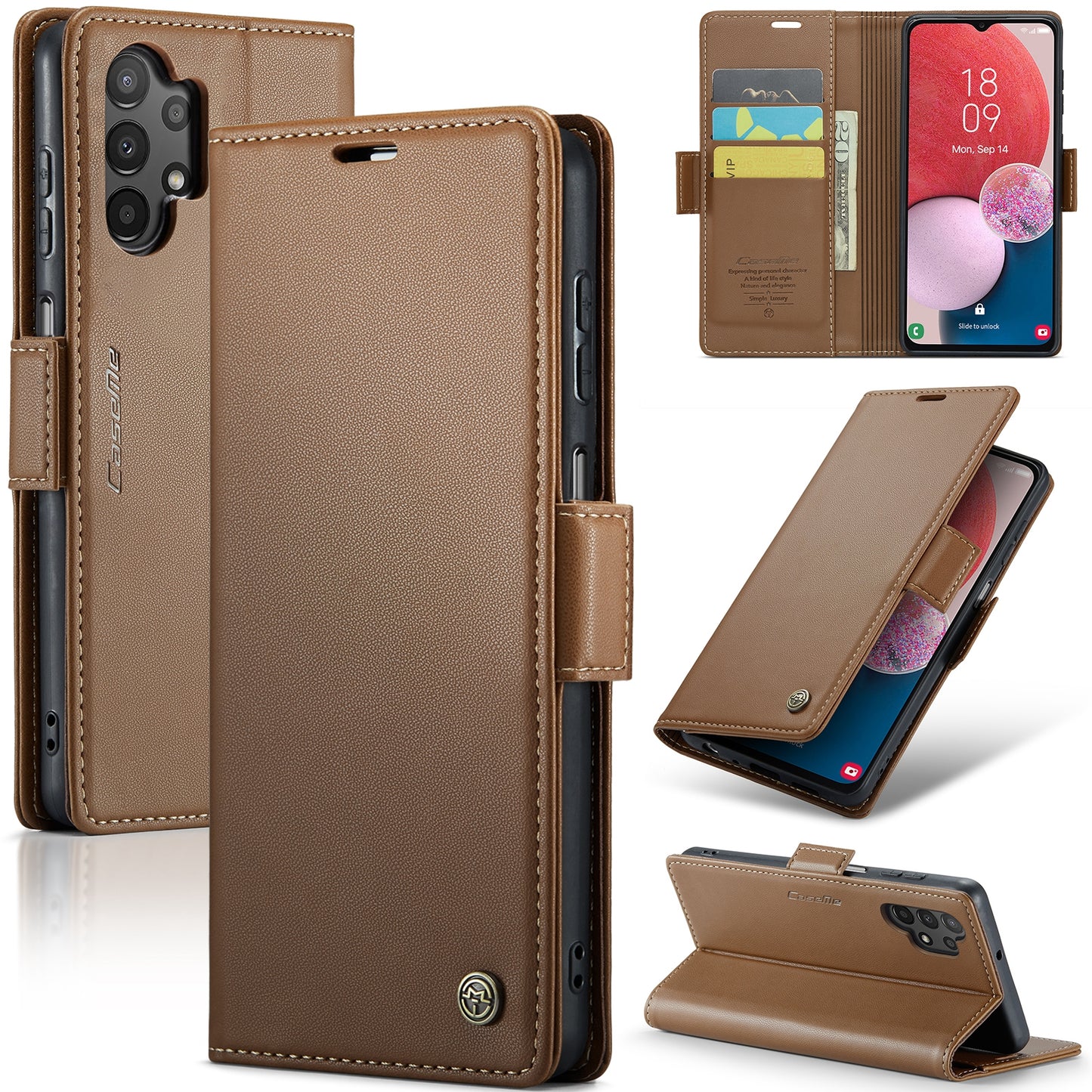 Caseme 023 Series For Samsung Galaxy A13 4G / 5G / A04s 4G / A04 4G / M13 5G Wallet Case RFID Blocking Leather Stand Phone Cover - Brown