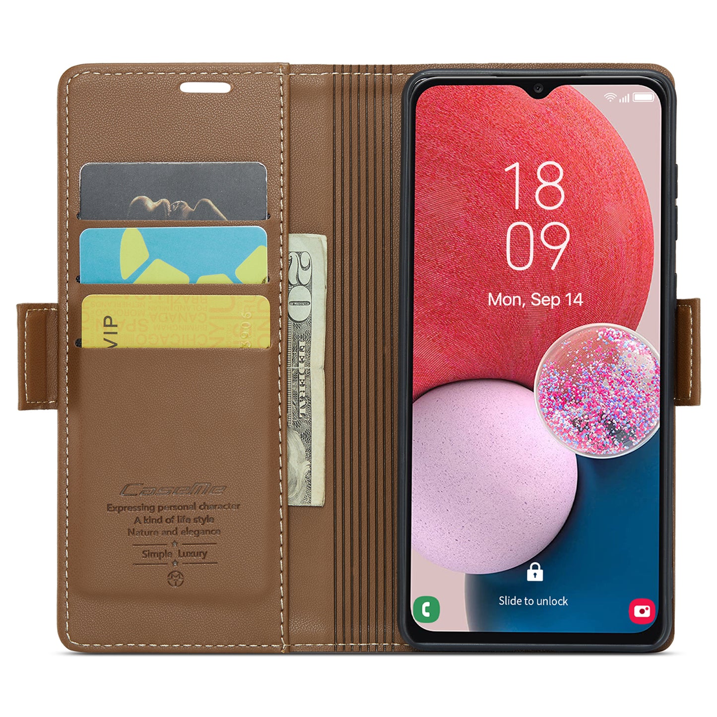 Caseme 023 Series For Samsung Galaxy A13 4G / 5G / A04s 4G / A04 4G / M13 5G Wallet Case RFID Blocking Leather Stand Phone Cover - Brown