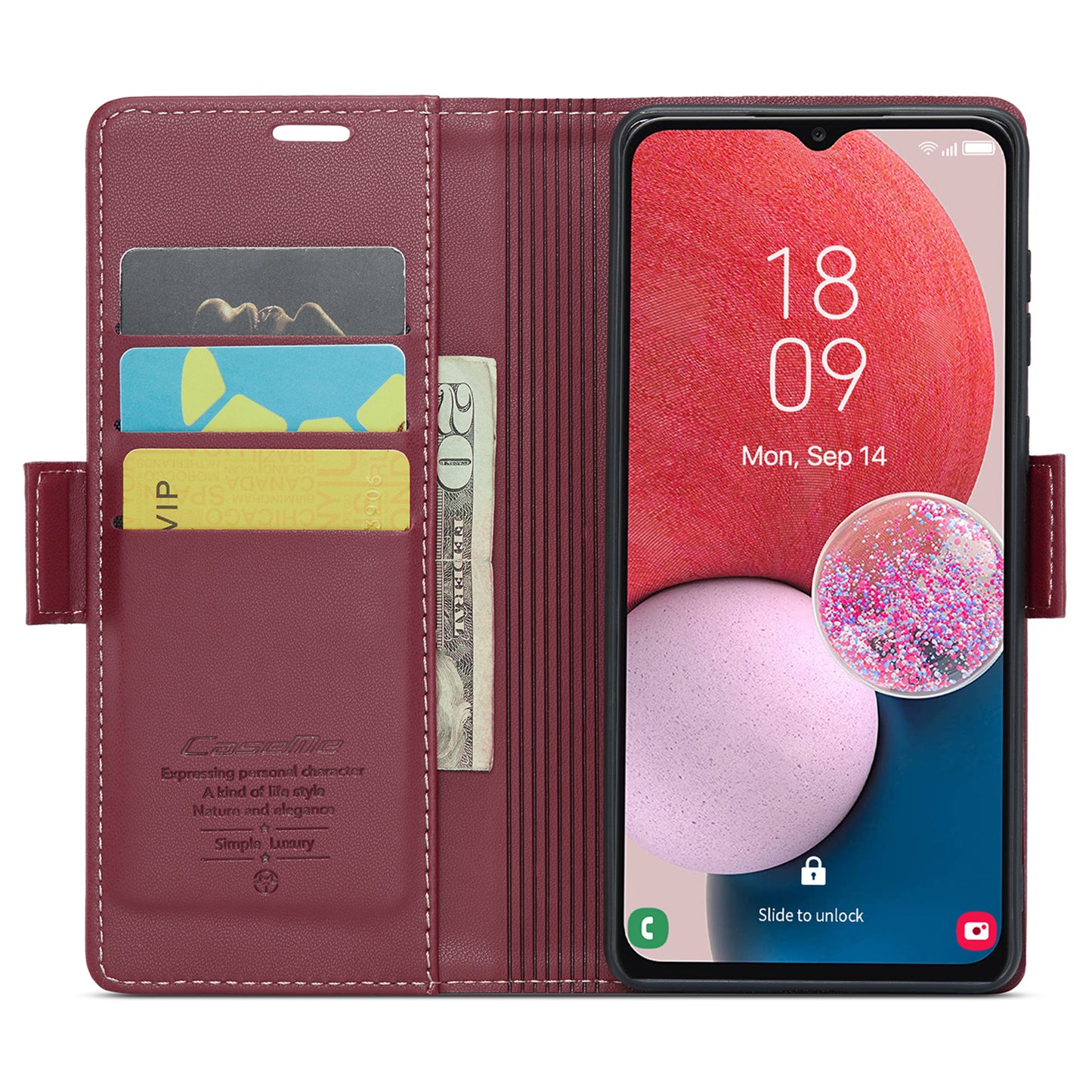 Caseme 023 Series For Samsung Galaxy A13 4G / 5G / A04s 4G / A04 4G / M13 5G Wallet Case RFID Blocking Leather Stand Phone Cover - Red