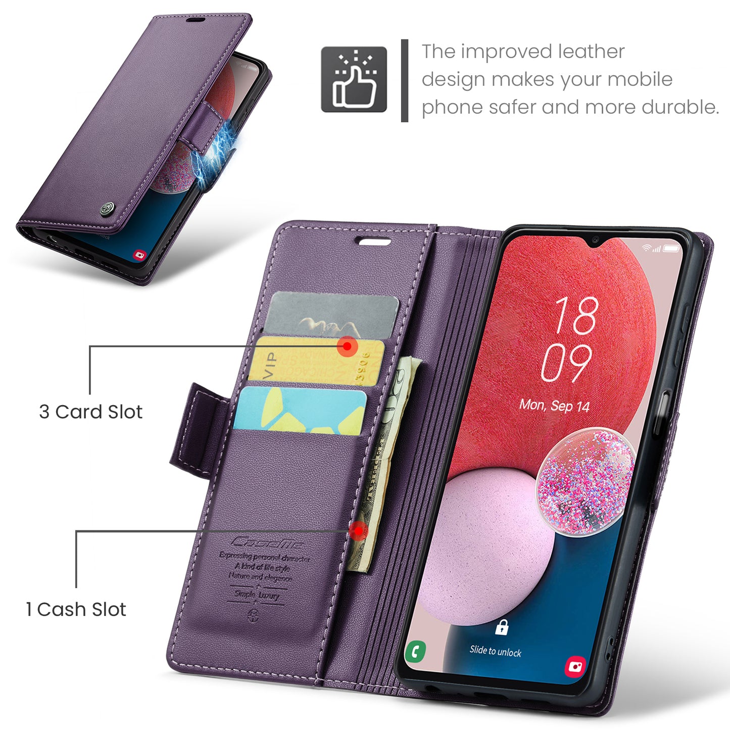 Caseme 023 Series For Samsung Galaxy A13 4G / 5G / A04s 4G / A04 4G / M13 5G Wallet Case RFID Blocking Leather Stand Phone Cover - Purple
