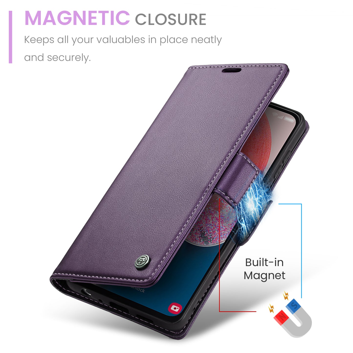 Caseme 023 Series For Samsung Galaxy A13 4G / 5G / A04s 4G / A04 4G / M13 5G Wallet Case RFID Blocking Leather Stand Phone Cover - Purple