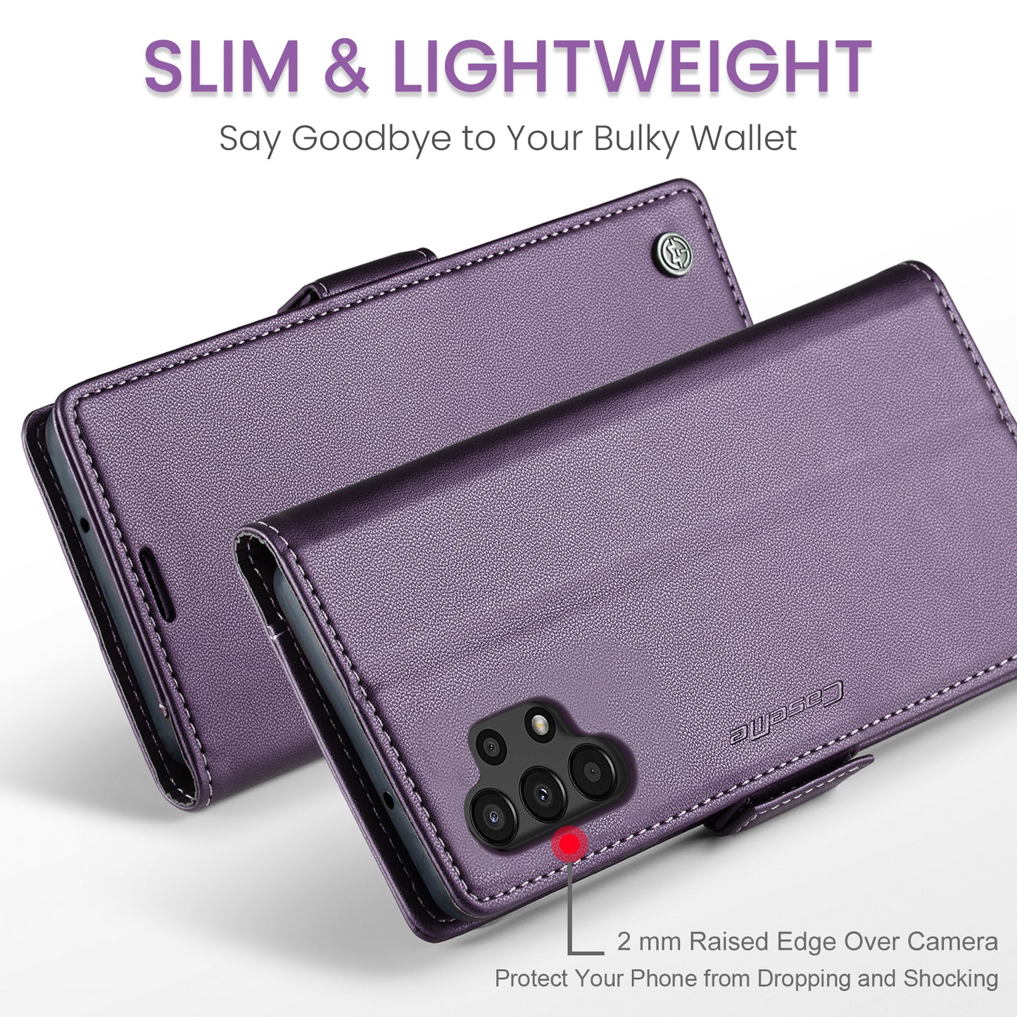 Caseme 023 Series For Samsung Galaxy A13 4G / 5G / A04s 4G / A04 4G / M13 5G Wallet Case RFID Blocking Leather Stand Phone Cover - Purple