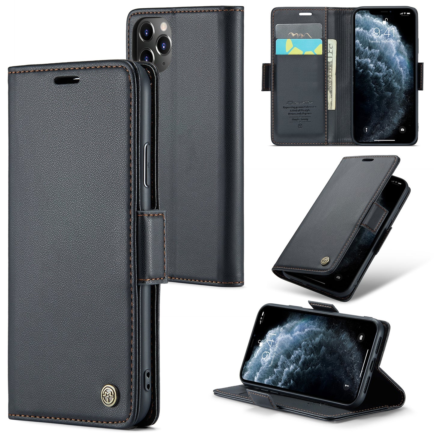 Caseme 023 Series Stand Leather Phone Case for iPhone 11 Pro , RFID Blocking Litchi Texture Wallet Cover - Black