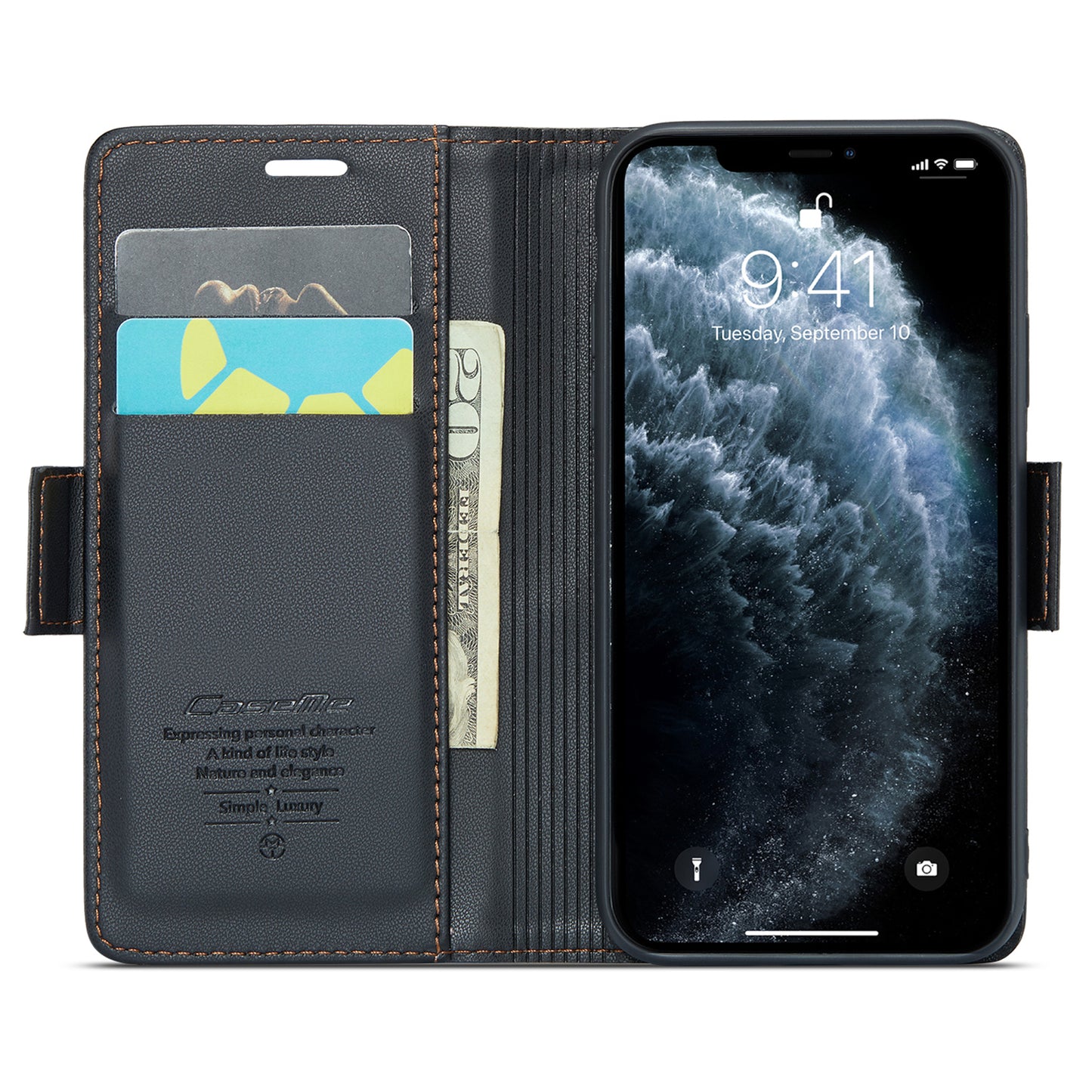 Caseme 023 Series Stand Leather Phone Case for iPhone 11 Pro , RFID Blocking Litchi Texture Wallet Cover - Black