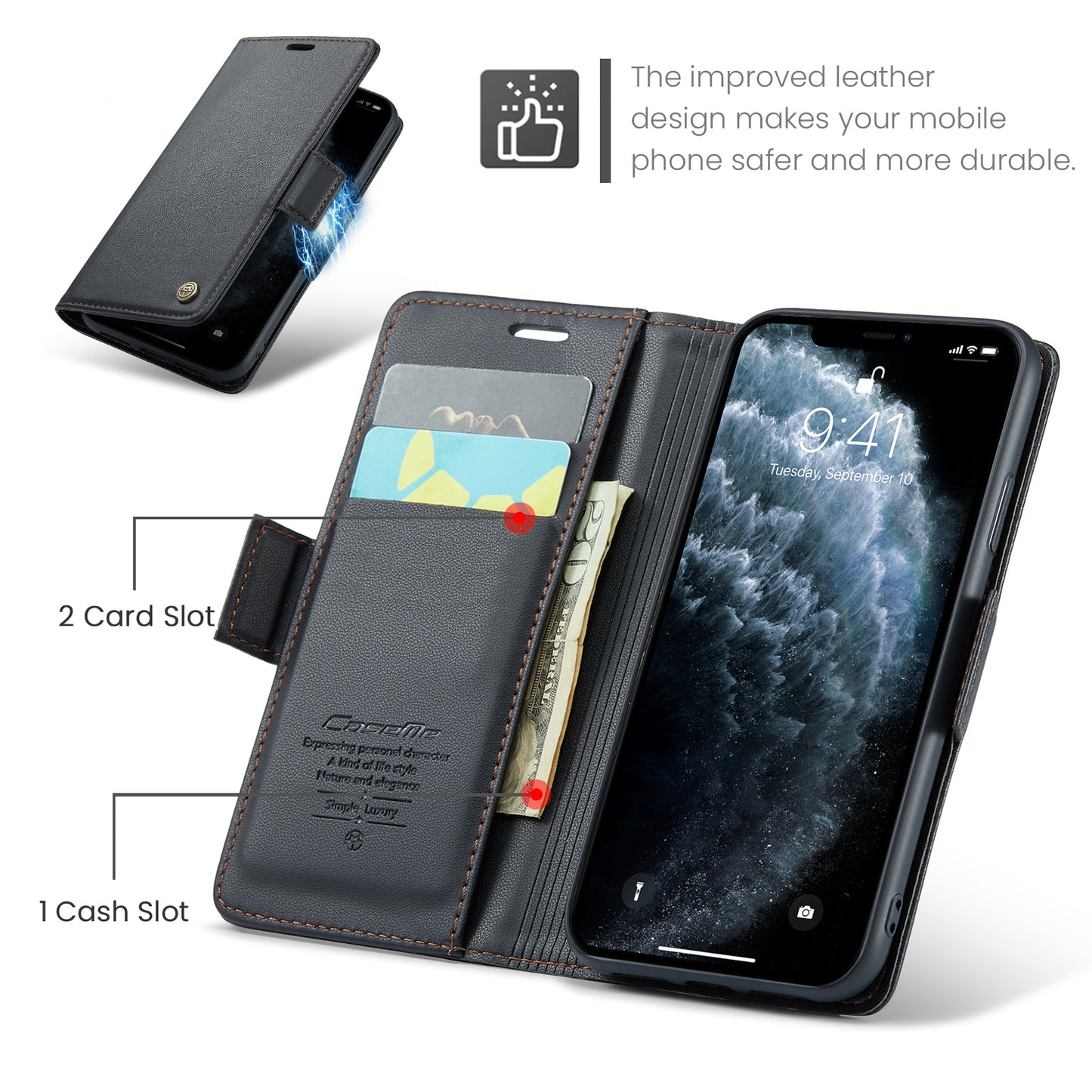 Caseme 023 Series Stand Leather Phone Case for iPhone 11 Pro , RFID Blocking Litchi Texture Wallet Cover - Black