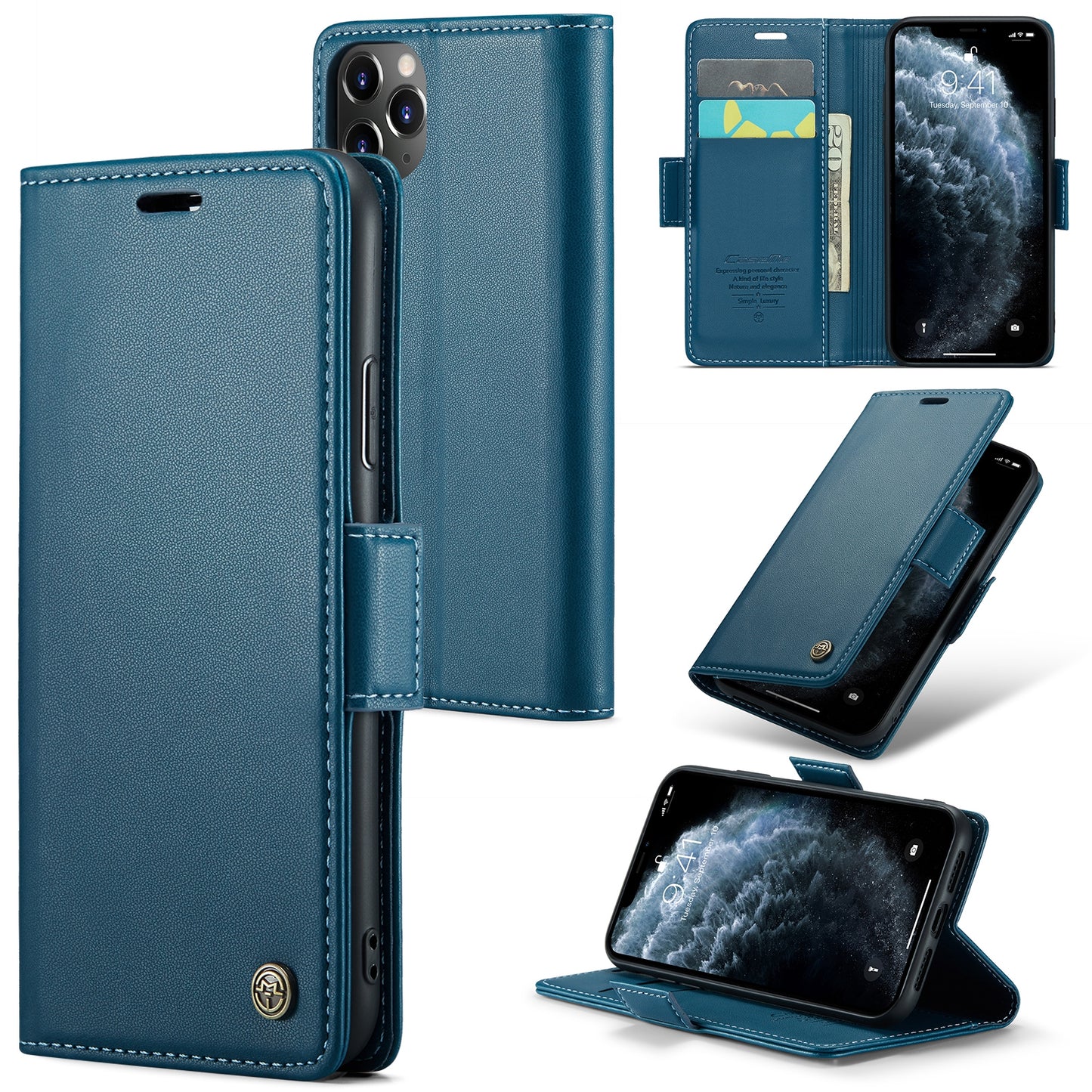 Caseme 023 Series Stand Leather Phone Case for iPhone 11 Pro , RFID Blocking Litchi Texture Wallet Cover - Blue