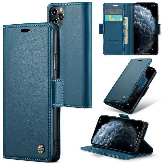 Caseme 023 Series Stand Leather Phone Case for iPhone 11 Pro , RFID Blocking Litchi Texture Wallet Cover - Blue