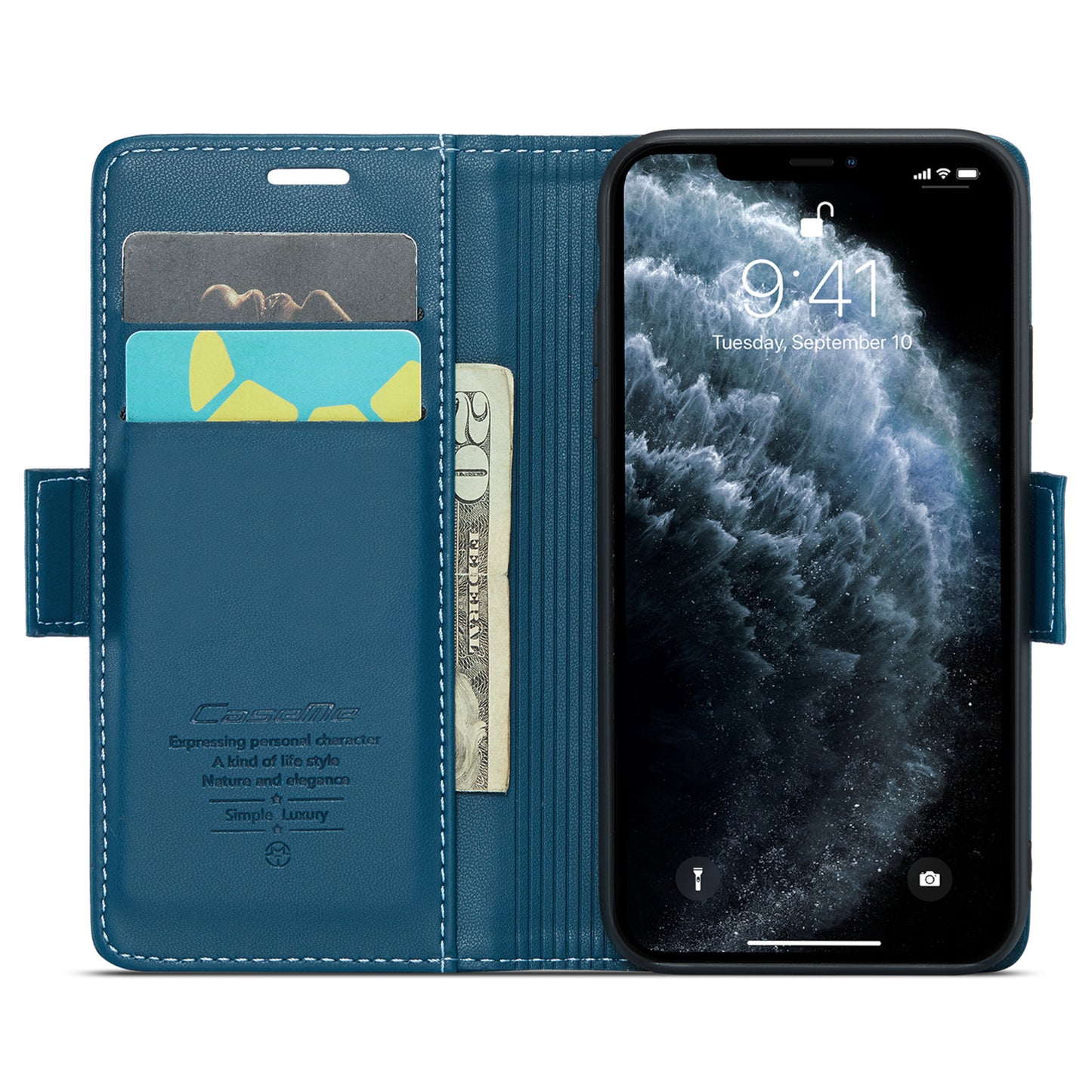 Caseme 023 Series Stand Leather Phone Case for iPhone 11 Pro , RFID Blocking Litchi Texture Wallet Cover - Blue