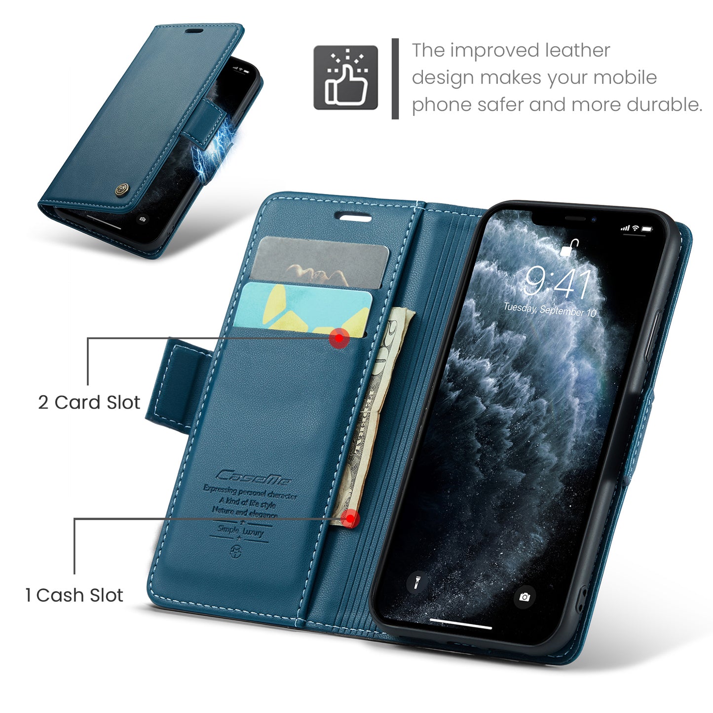 Caseme 023 Series Stand Leather Phone Case for iPhone 11 Pro , RFID Blocking Litchi Texture Wallet Cover - Blue