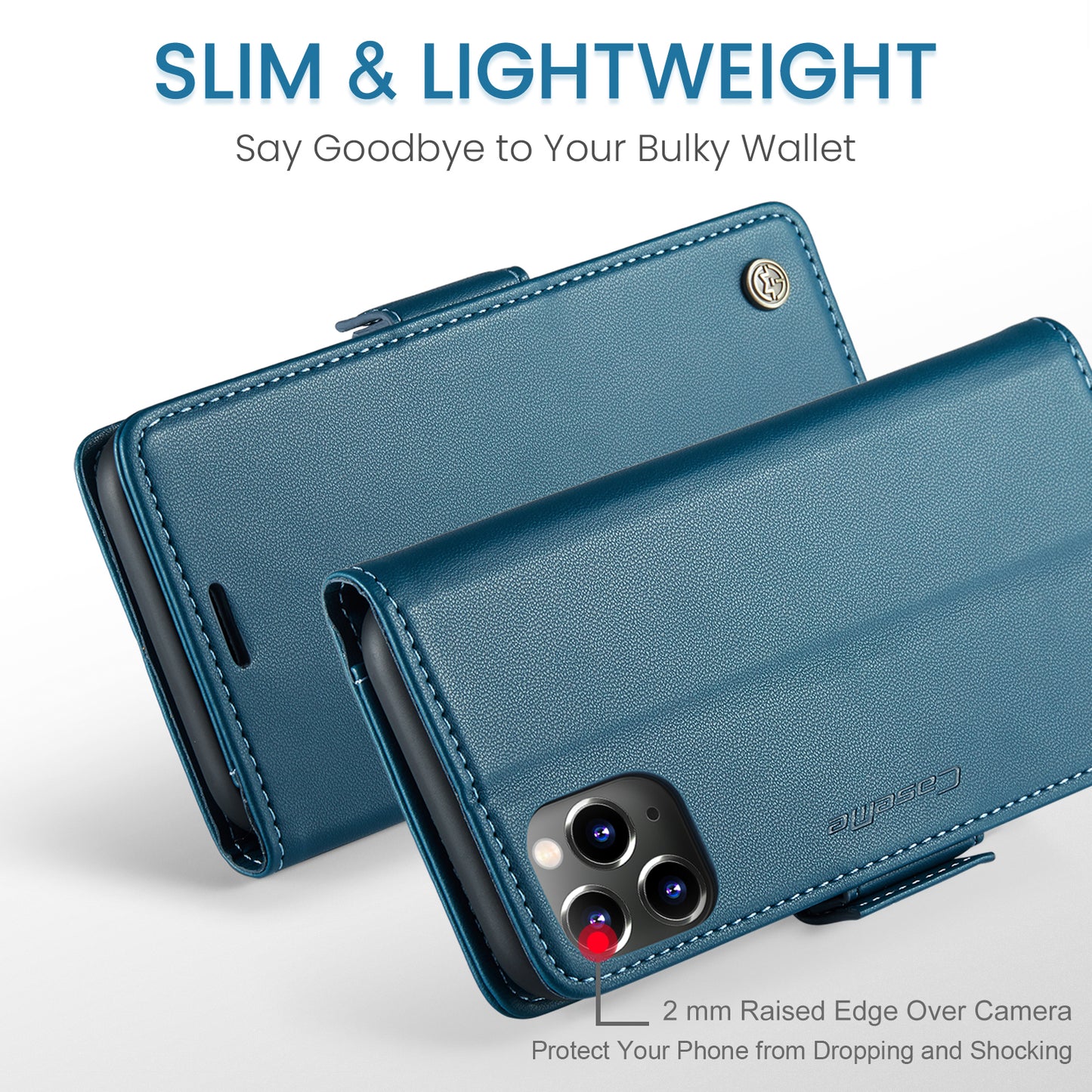 Caseme 023 Series Stand Leather Phone Case for iPhone 11 Pro , RFID Blocking Litchi Texture Wallet Cover - Blue