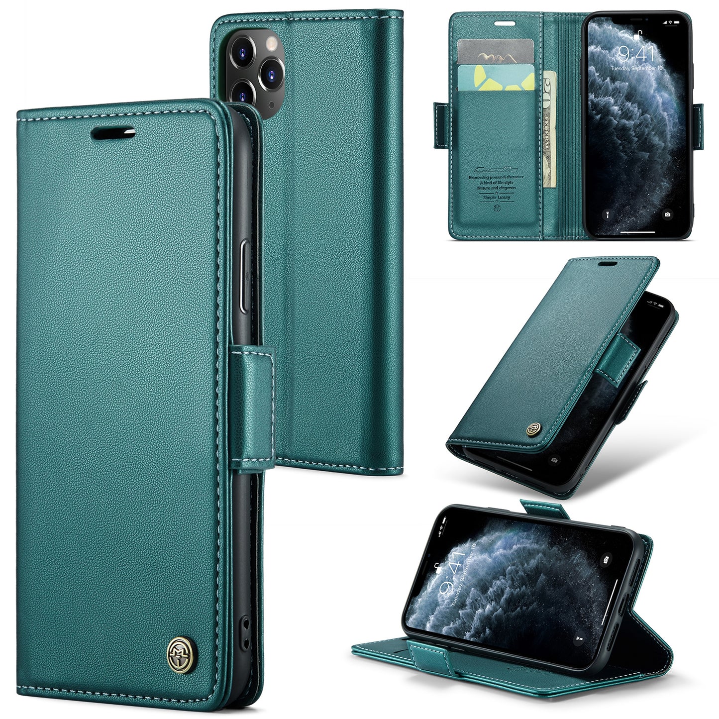 Caseme 023 Series Stand Leather Phone Case for iPhone 11 Pro , RFID Blocking Litchi Texture Wallet Cover - Green
