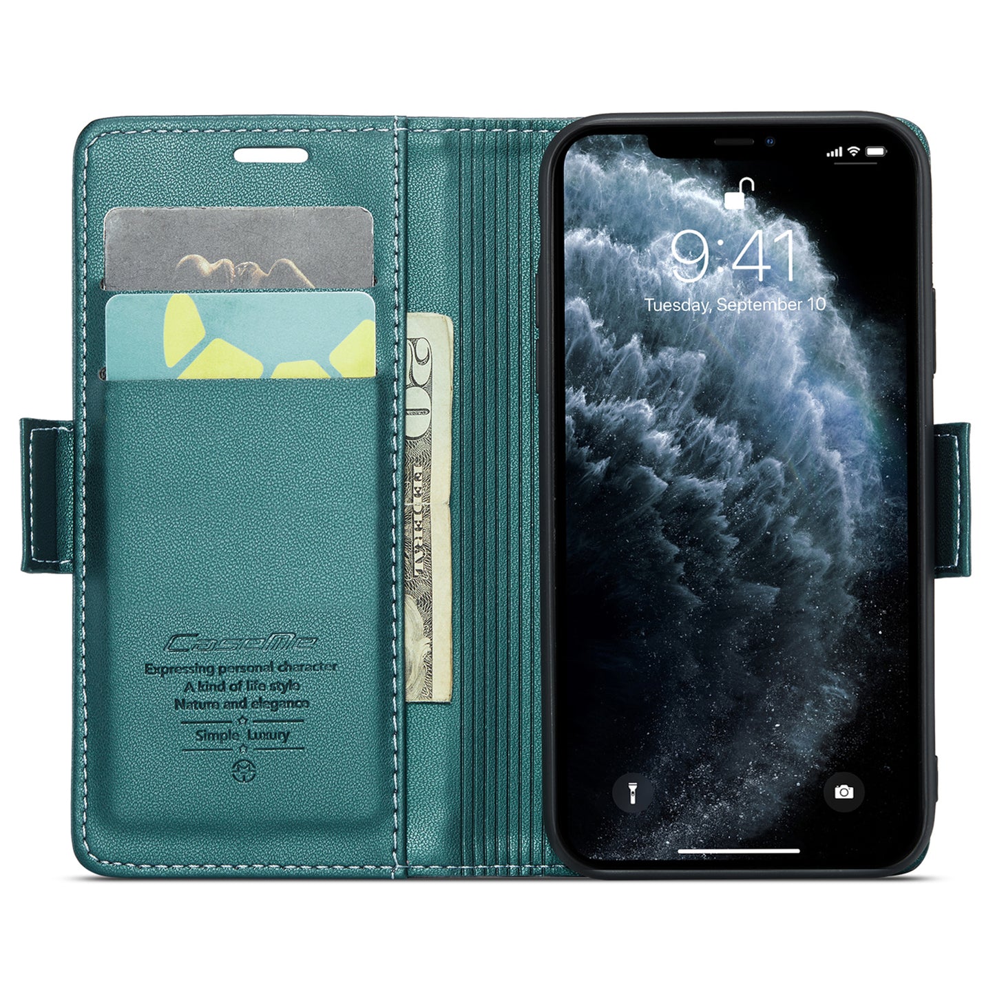 Caseme 023 Series Stand Leather Phone Case for iPhone 11 Pro , RFID Blocking Litchi Texture Wallet Cover - Green