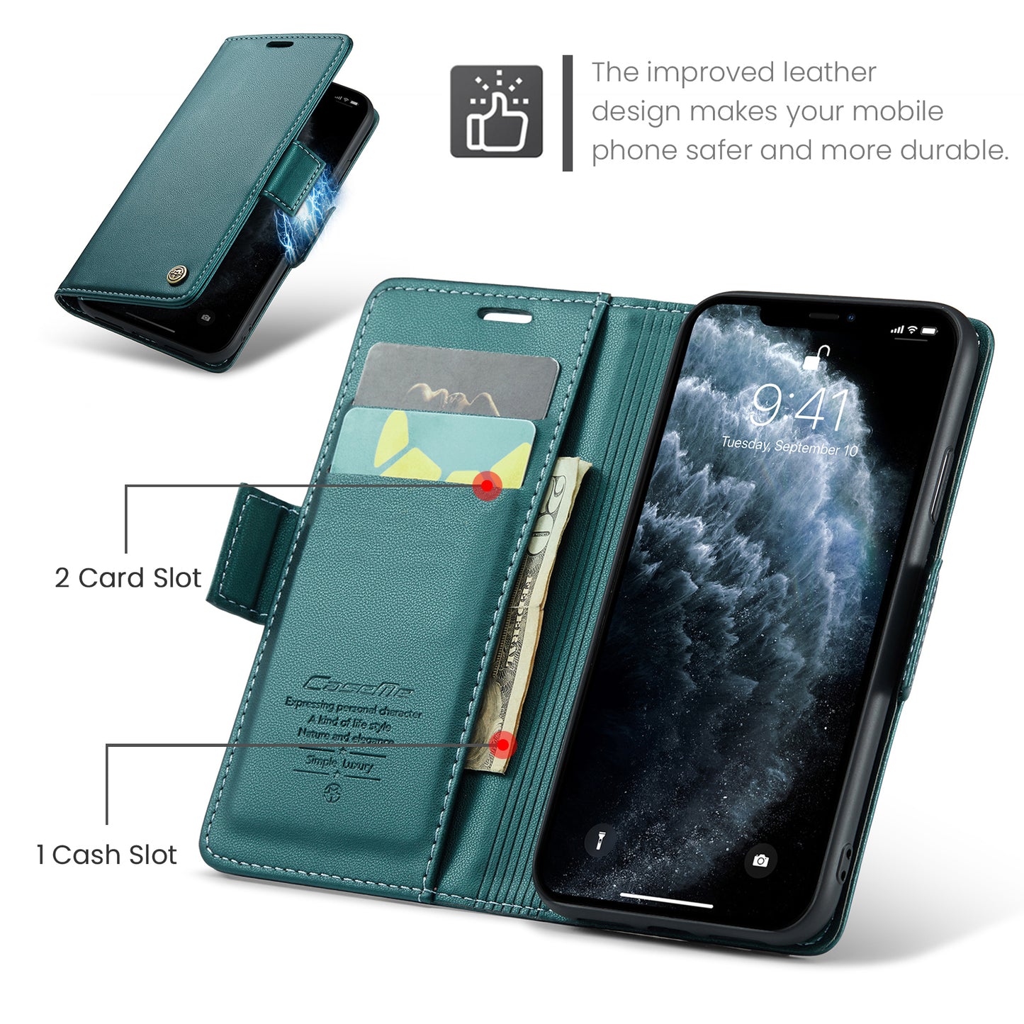 Caseme 023 Series Stand Leather Phone Case for iPhone 11 Pro , RFID Blocking Litchi Texture Wallet Cover - Green