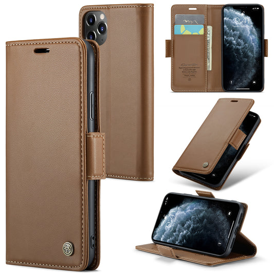 Caseme 023 Series Stand Leather Phone Case for iPhone 11 Pro , RFID Blocking Litchi Texture Wallet Cover - Brown