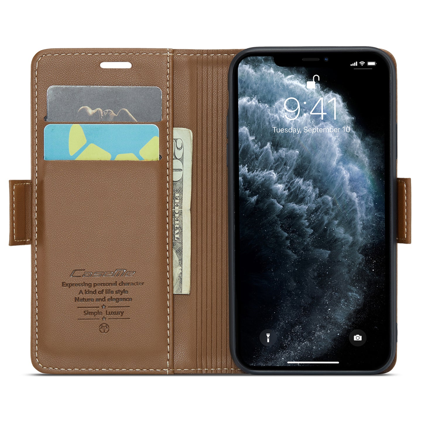 Caseme 023 Series Stand Leather Phone Case for iPhone 11 Pro , RFID Blocking Litchi Texture Wallet Cover - Brown