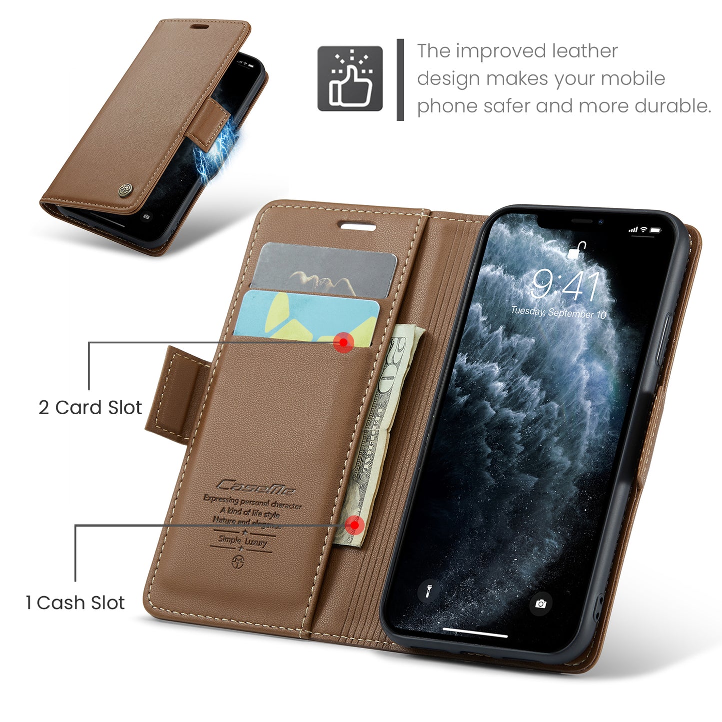 Caseme 023 Series Stand Leather Phone Case for iPhone 11 Pro , RFID Blocking Litchi Texture Wallet Cover - Brown