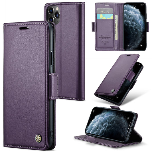 Caseme 023 Series Stand Leather Phone Case for iPhone 11 Pro , RFID Blocking Litchi Texture Wallet Cover - Purple