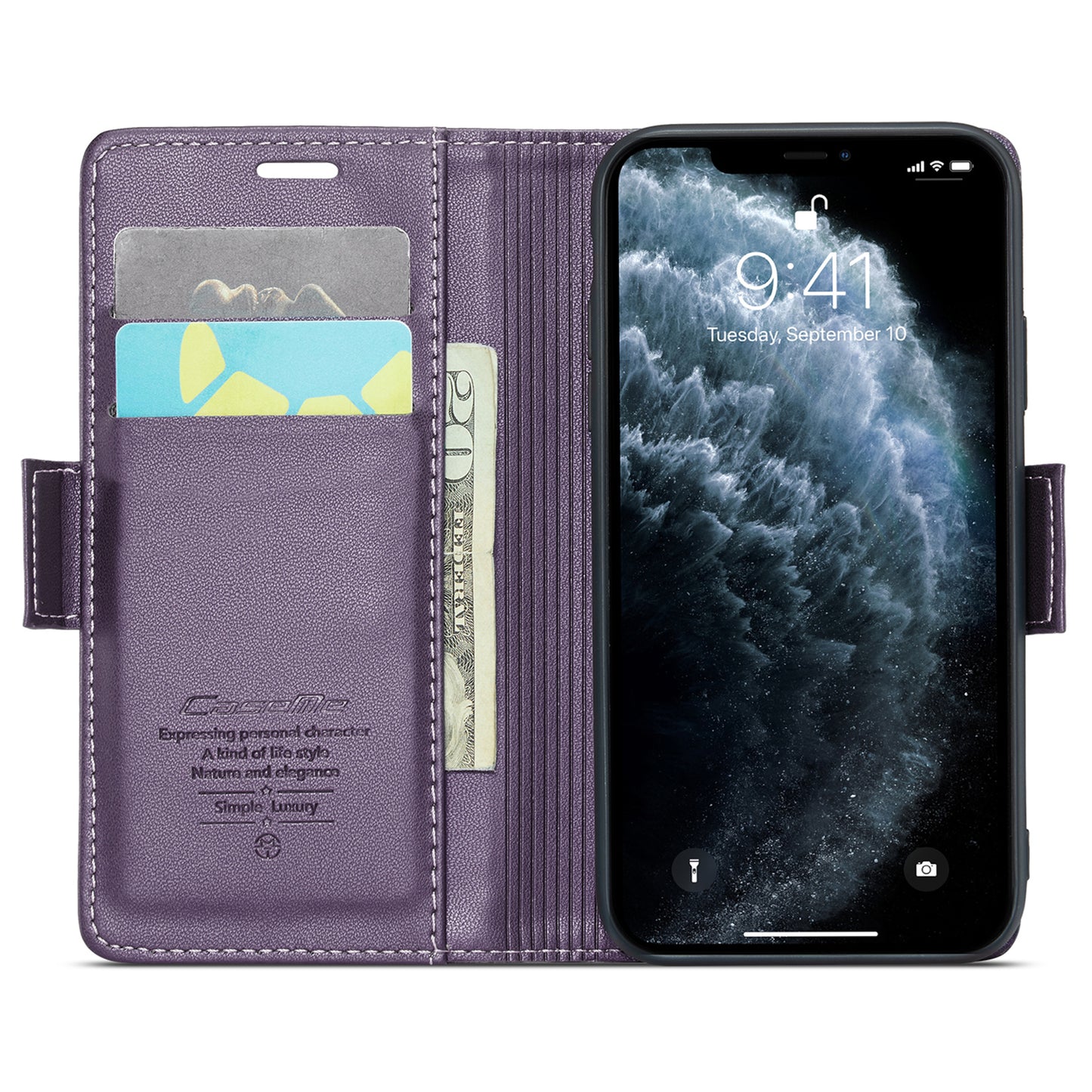 Caseme 023 Series Stand Leather Phone Case for iPhone 11 Pro , RFID Blocking Litchi Texture Wallet Cover - Purple