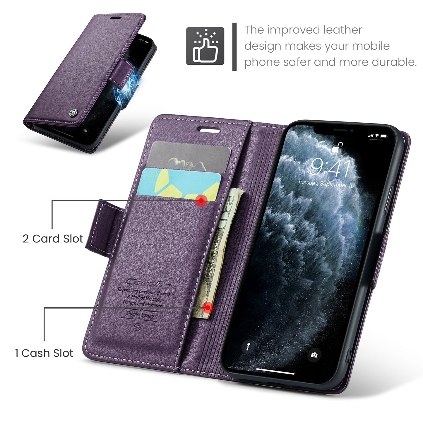 Caseme 023 Series Stand Leather Phone Case for iPhone 11 Pro , RFID Blocking Litchi Texture Wallet Cover - Purple
