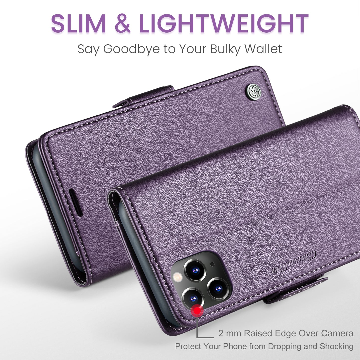 Caseme 023 Series Stand Leather Phone Case for iPhone 11 Pro , RFID Blocking Litchi Texture Wallet Cover - Purple