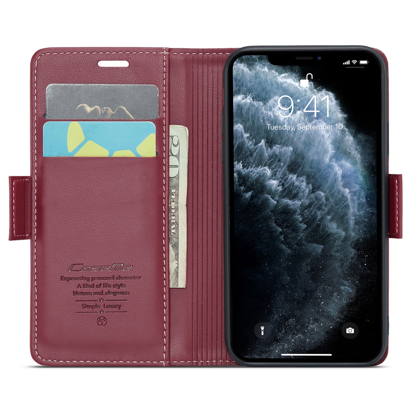 Caseme Stand Leather Phone Case for iPhone 11 Pro , RFID Blocking Litchi Texture Wallet Cover - Red