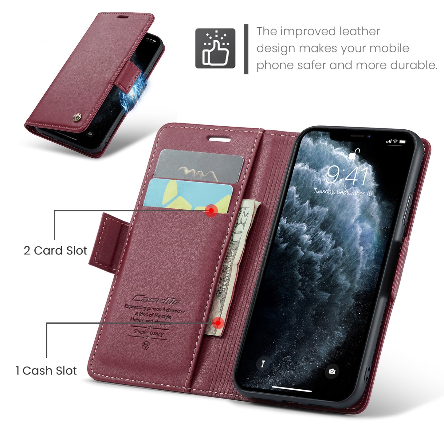 Caseme Stand Leather Phone Case for iPhone 11 Pro , RFID Blocking Litchi Texture Wallet Cover - Red