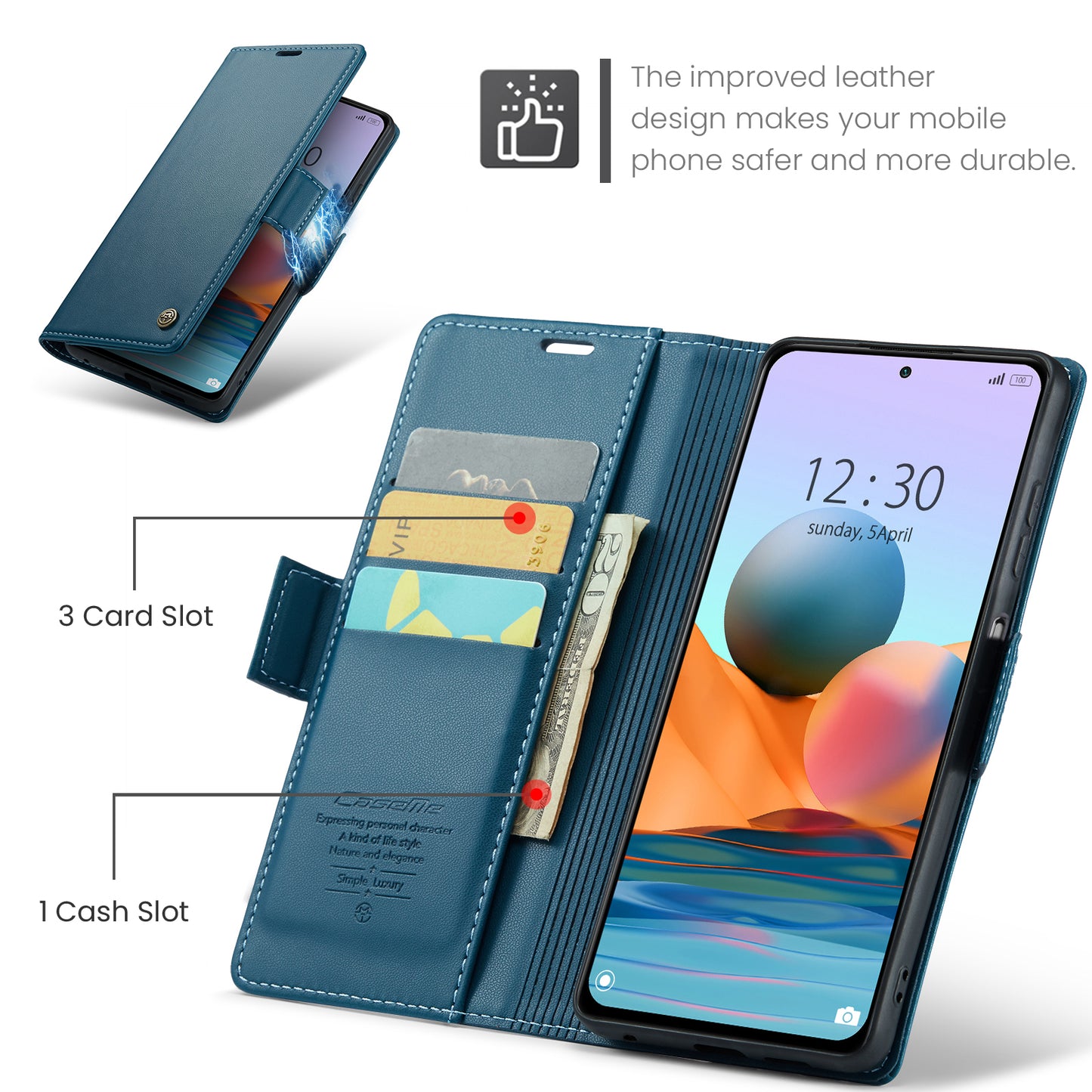 Caseme 023 Series Phone Case for Xiaomi Redmi Note 10 Pro 4G (India) / (Global) / Note 10 Pro Max 4G RFID Blocking Wallet Stand Leather Cover - Blue