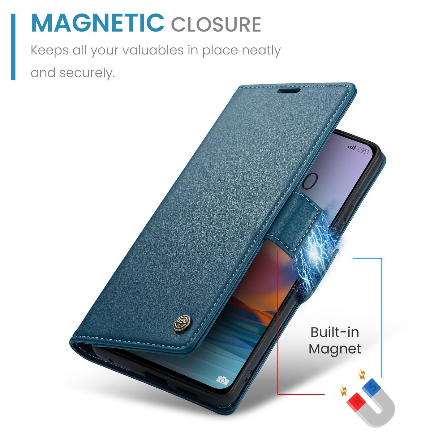 Caseme 023 Series Phone Case for Xiaomi Redmi Note 10 Pro 4G (India) / (Global) / Note 10 Pro Max 4G RFID Blocking Wallet Stand Leather Cover - Blue