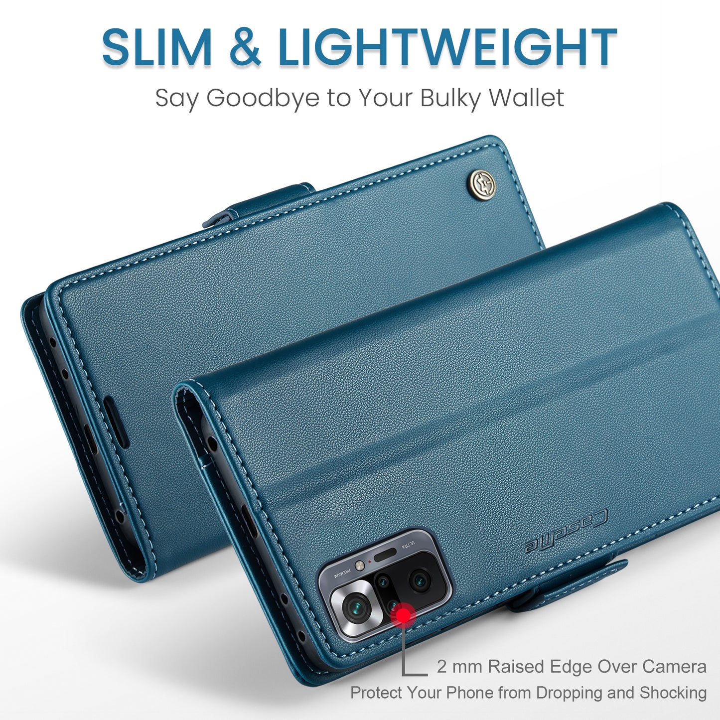 Caseme 023 Series Phone Case for Xiaomi Redmi Note 10 Pro 4G (India) / (Global) / Note 10 Pro Max 4G RFID Blocking Wallet Stand Leather Cover - Blue
