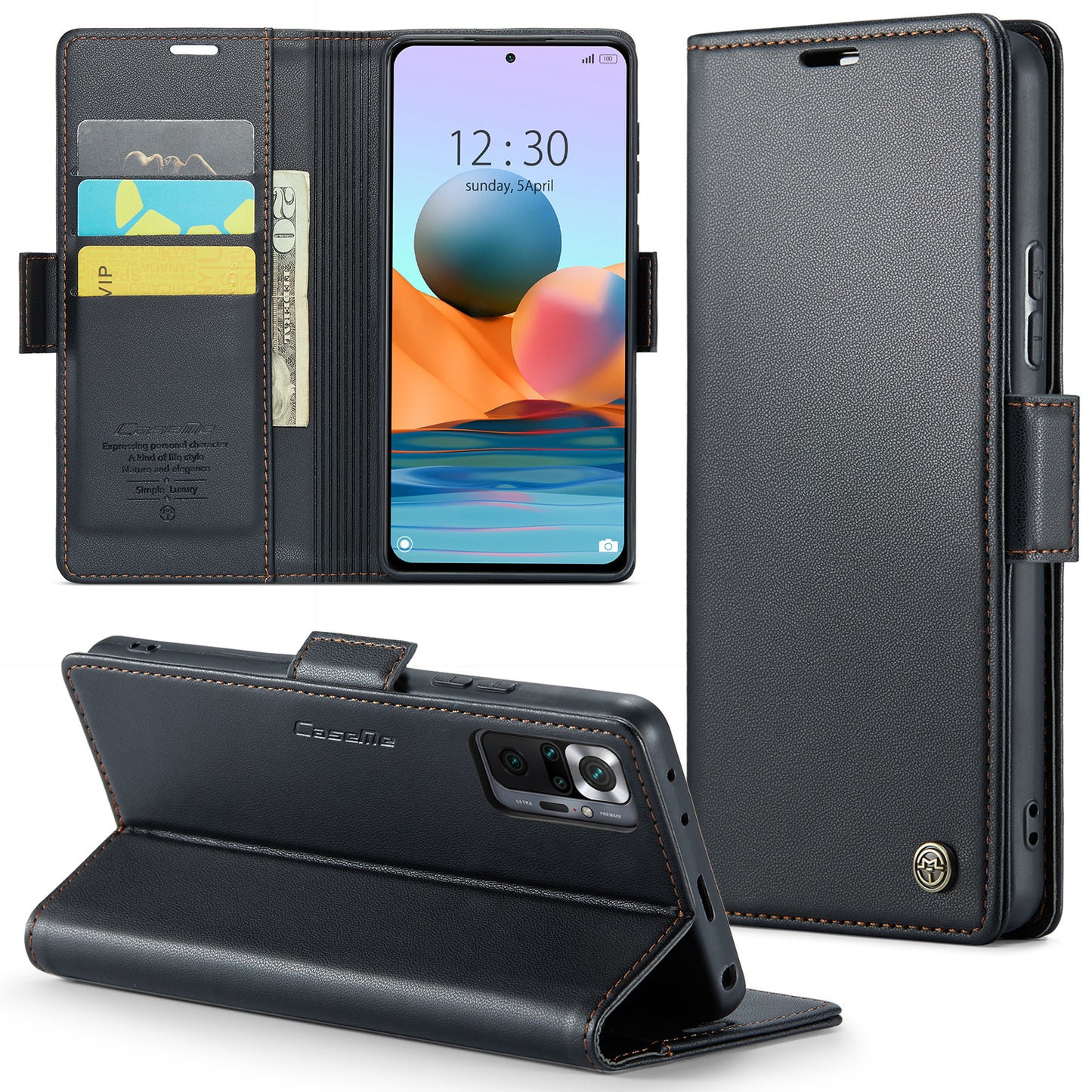 Caseme 023 Series Phone Case for Xiaomi Redmi Note 10 Pro 4G (India) / (Global) / Note 10 Pro Max 4G RFID Blocking Wallet Stand Leather Cover - Black