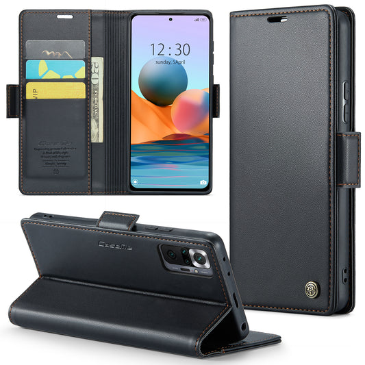Caseme 023 Series Phone Case for Xiaomi Redmi Note 10 Pro 4G (India) / (Global) / Note 10 Pro Max 4G RFID Blocking Wallet Stand Leather Cover - Black