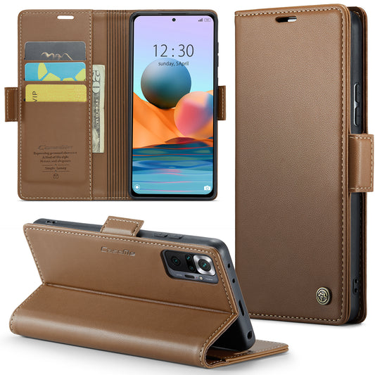 Caseme 023 Series Phone Case for Xiaomi Redmi Note 10 Pro 4G (India) / (Global) / Note 10 Pro Max 4G RFID Blocking Wallet Stand Leather Cover - Brown