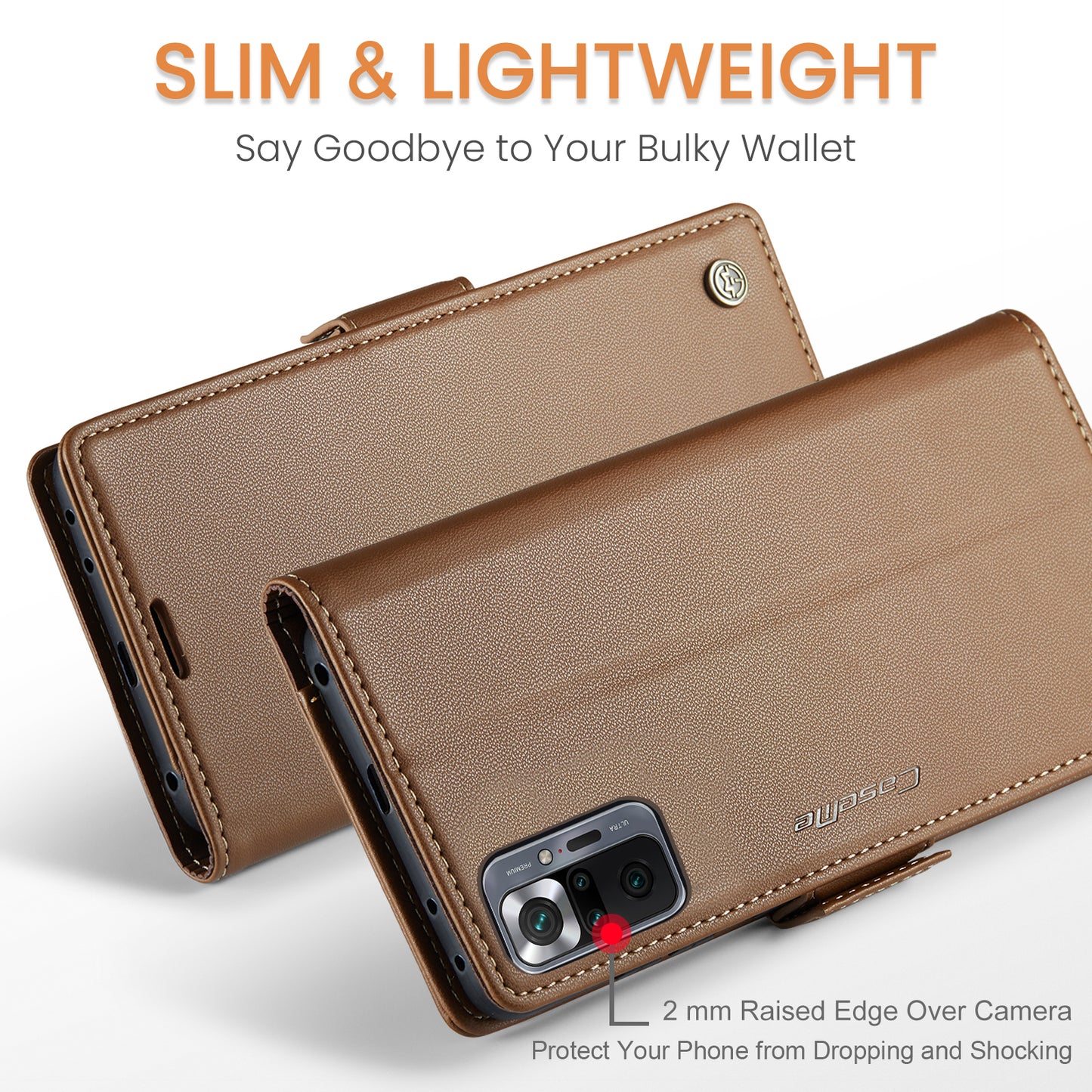Caseme 023 Series Phone Case for Xiaomi Redmi Note 10 Pro 4G (India) / (Global) / Note 10 Pro Max 4G RFID Blocking Wallet Stand Leather Cover - Brown
