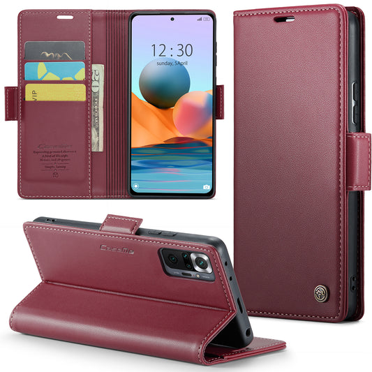 Caseme 023 Series Phone Case for Xiaomi Redmi Note 10 Pro 4G (India) / (Global) / Note 10 Pro Max 4G RFID Blocking Wallet Stand Leather Cover - Red