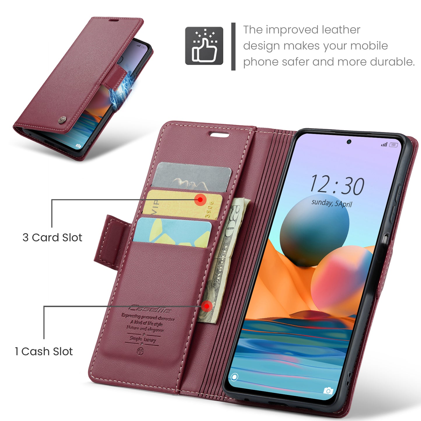 Caseme 023 Series Phone Case for Xiaomi Redmi Note 10 Pro 4G (India) / (Global) / Note 10 Pro Max 4G RFID Blocking Wallet Stand Leather Cover - Red