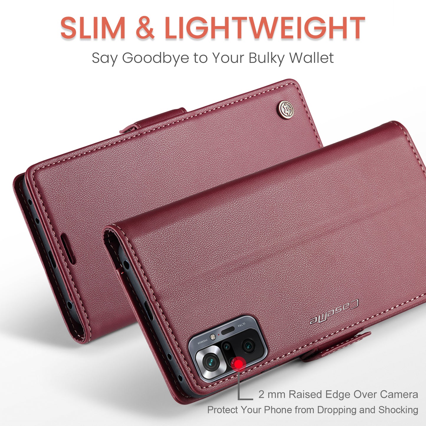 Caseme 023 Series Phone Case for Xiaomi Redmi Note 10 Pro 4G (India) / (Global) / Note 10 Pro Max 4G RFID Blocking Wallet Stand Leather Cover - Red