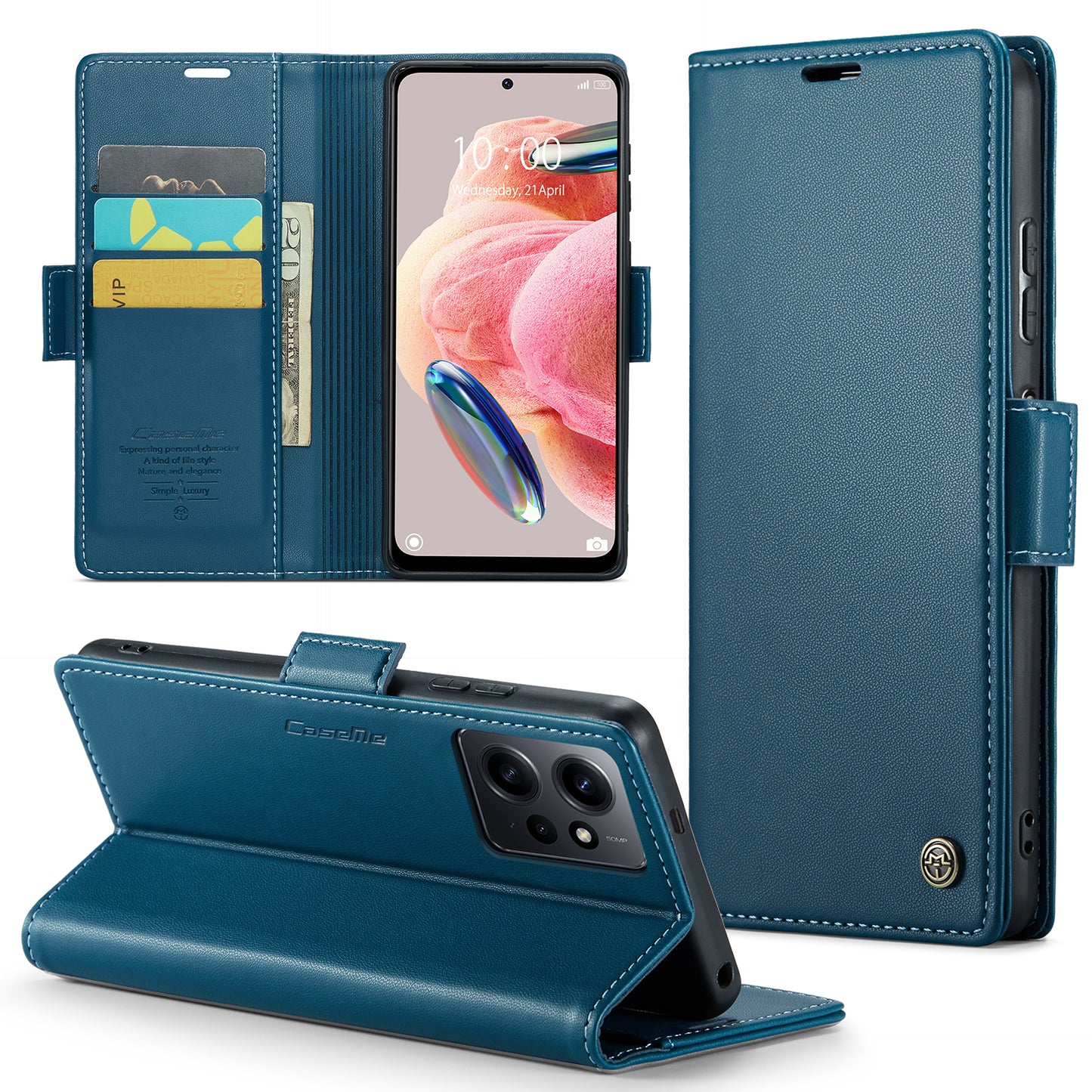 Caseme Leather Case for Xiaomi Redmi Note 12 4G RFID Blocking Phone Cover with Stand Wallet - Blue