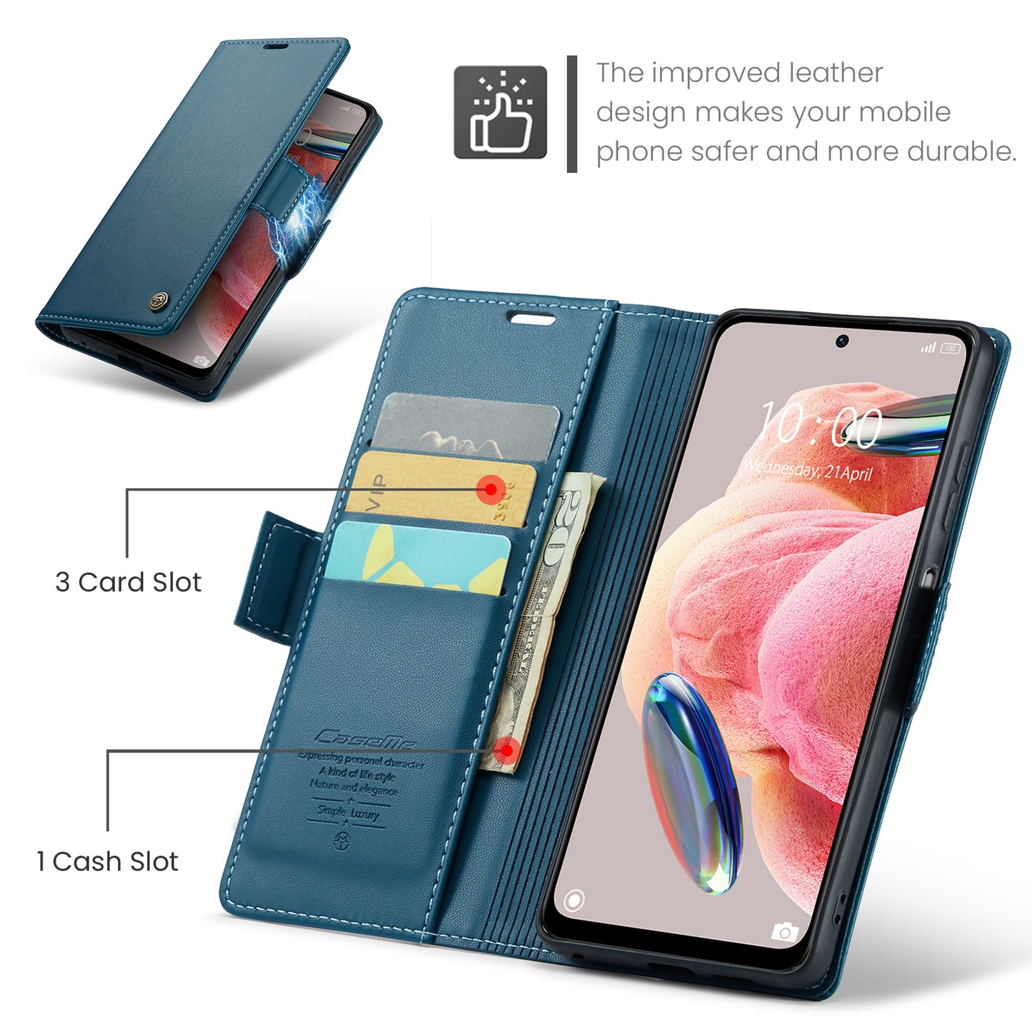 Caseme Leather Case for Xiaomi Redmi Note 12 4G RFID Blocking Phone Cover with Stand Wallet - Blue
