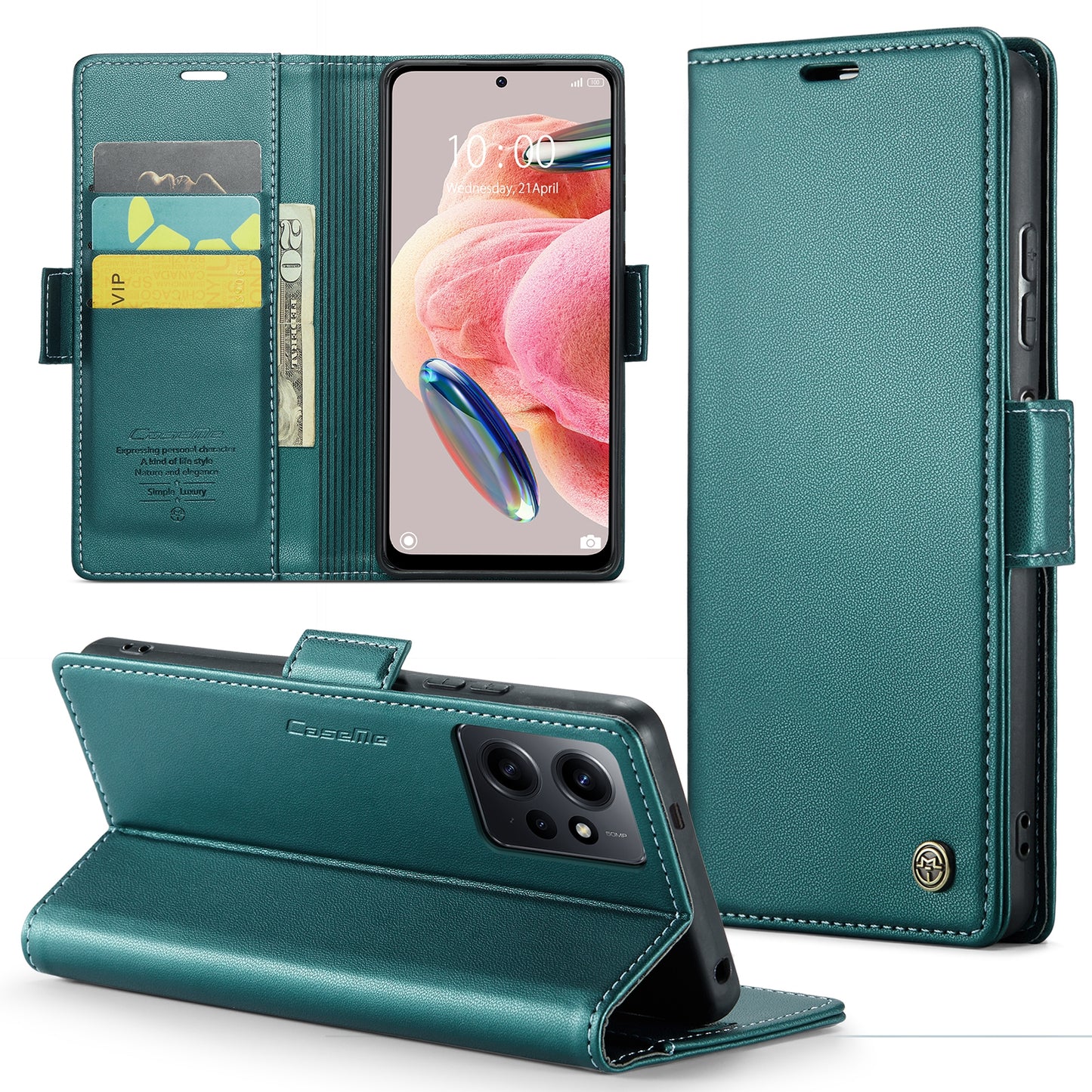 Caseme Leather Case for Xiaomi Redmi Note 12 4G RFID Blocking Phone Cover with Stand Wallet - Green